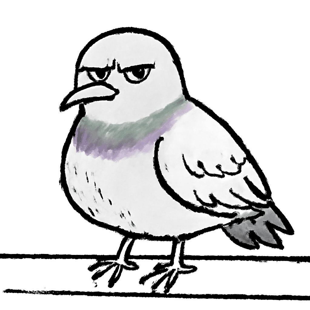 Marvin, a scruffy grey city pigeon staring at the viewer